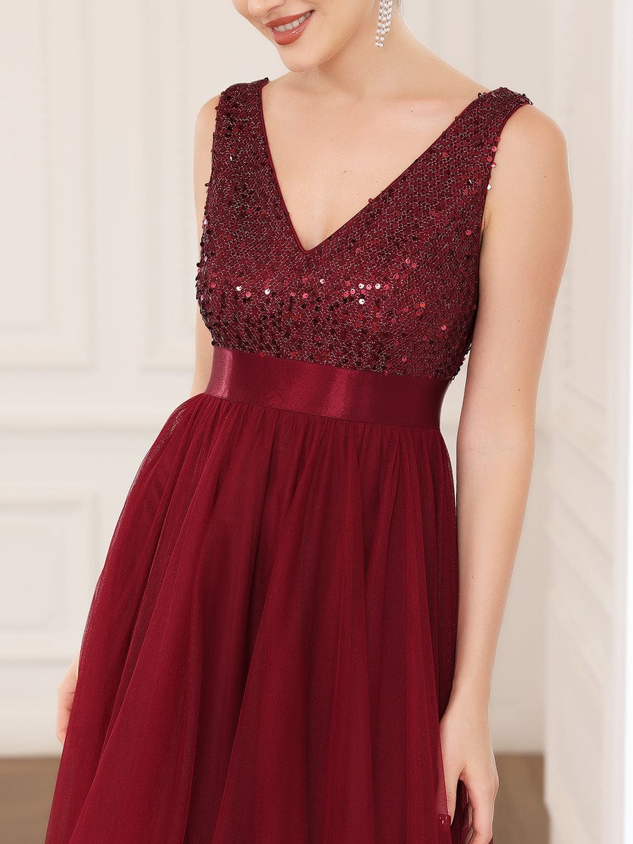 Elegant Sparkling Asymmetrical Hem Deep V Neck Evening Dress