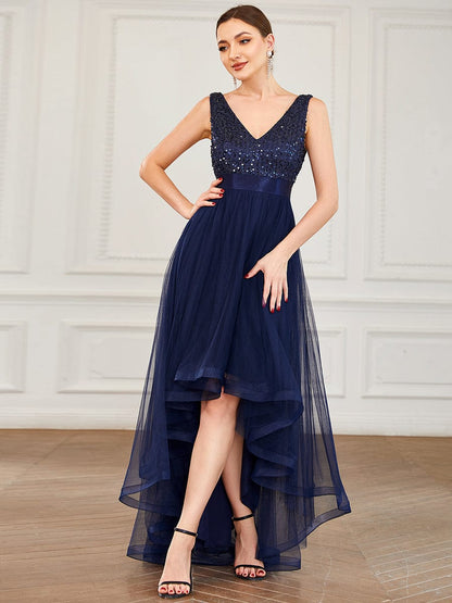 Elegant Sparkling Asymmetrical Hem Deep V Neck Evening Dress