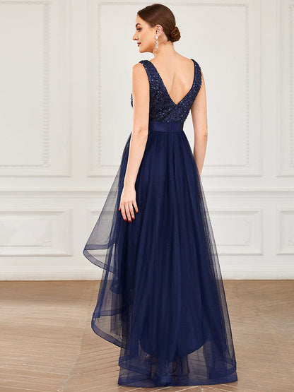 Elegant Sparkling Asymmetrical Hem Deep V Neck Evening Dress
