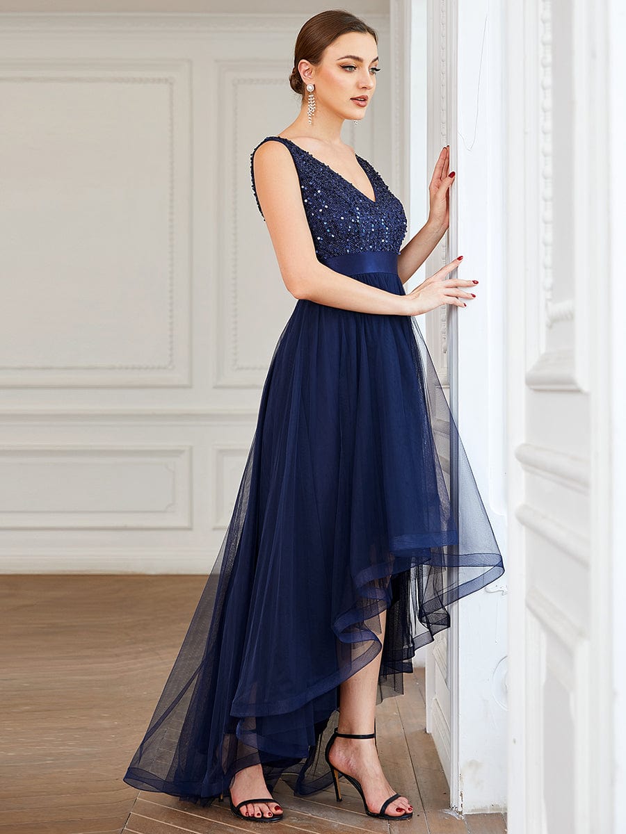 Elegant Sparkling Asymmetrical Hem Deep V Neck Evening Dress