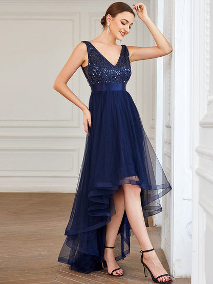 Elegant Sparkling Asymmetrical Hem Deep V Neck Evening Dress