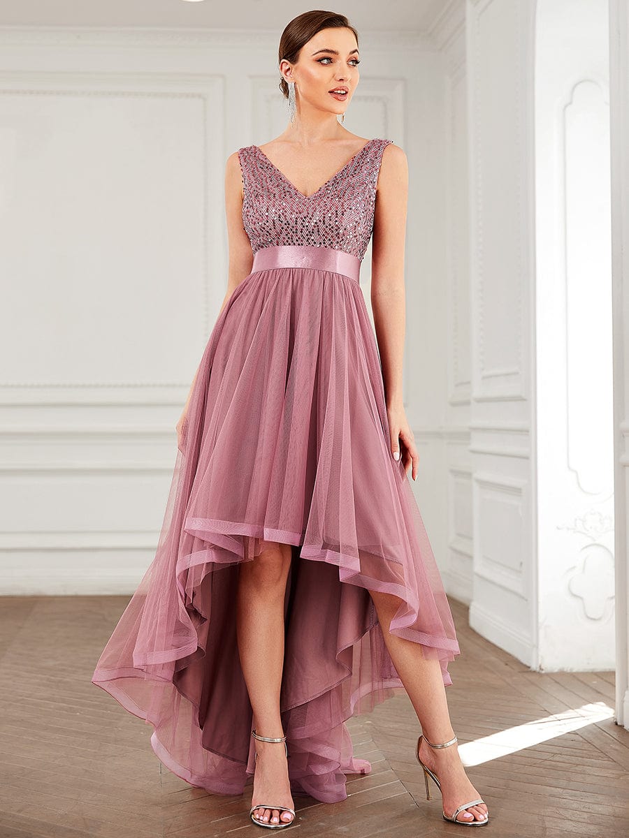 Elegant Sparkling Asymmetrical Hem Deep V Neck Evening Dress