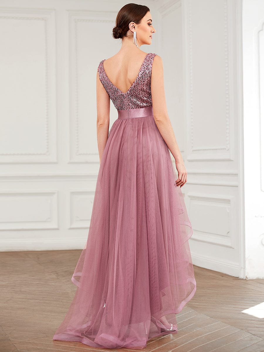 Elegant Sparkling Asymmetrical Hem Deep V Neck Evening Dress