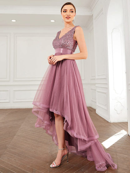 Elegant Sparkling Asymmetrical Hem Deep V Neck Evening Dress