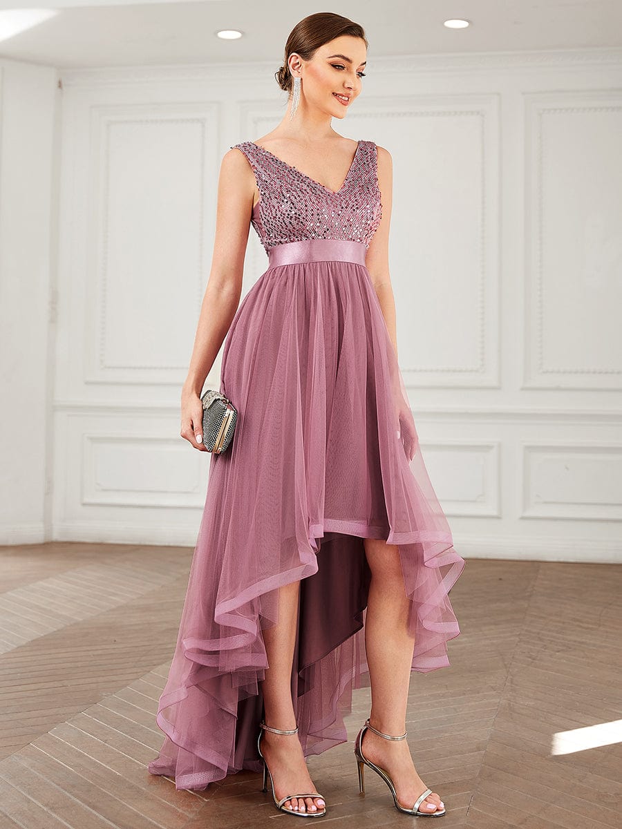 Elegant Sparkling Asymmetrical Hem Deep V Neck Evening Dress