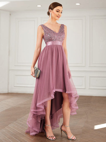 Elegant Sparkling Asymmetrical Hem Deep V Neck Evening Dress