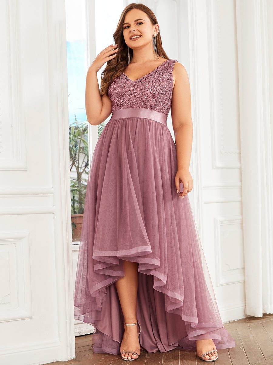 Elegant Sparkling Asymmetrical Hem Deep V Neck Evening Dress