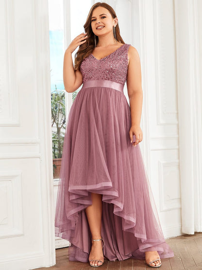 Elegant Sparkling Asymmetrical Hem Deep V Neck Evening Dress