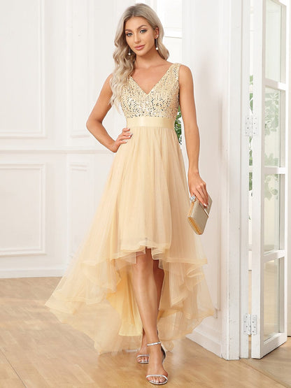 Elegant Sparkling Asymmetrical Hem Deep V Neck Evening Dress
