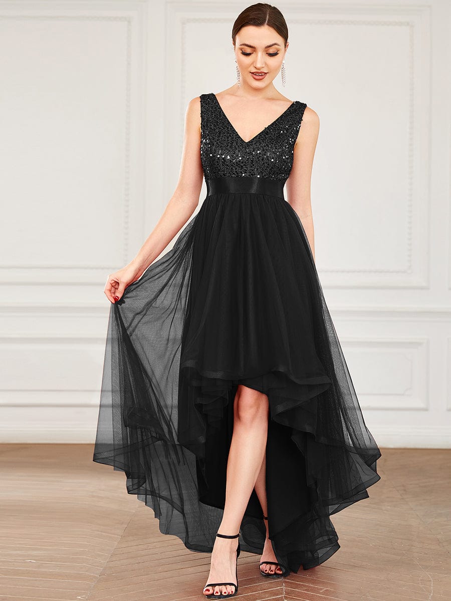 Elegant Sparkling Asymmetrical Hem Deep V Neck Evening Dress