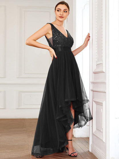 Elegant Sparkling Asymmetrical Hem Deep V Neck Evening Dress
