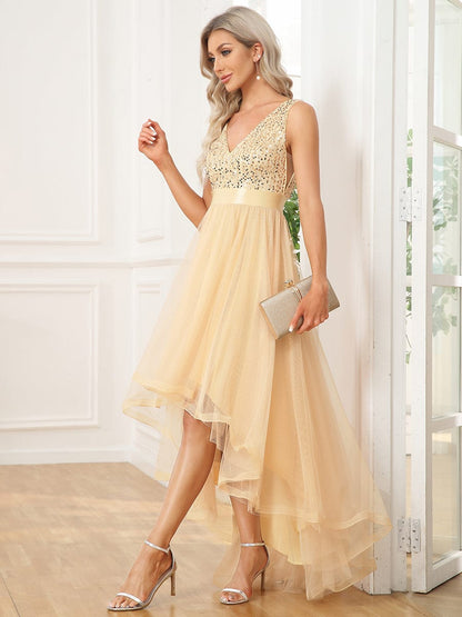 Elegant Sparkling Asymmetrical Hem Deep V Neck Evening Dress
