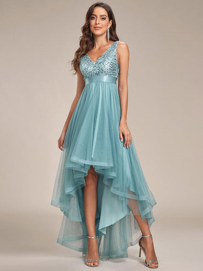 Elegant Sparkling Asymmetrical Hem Deep V Neck Evening Dress