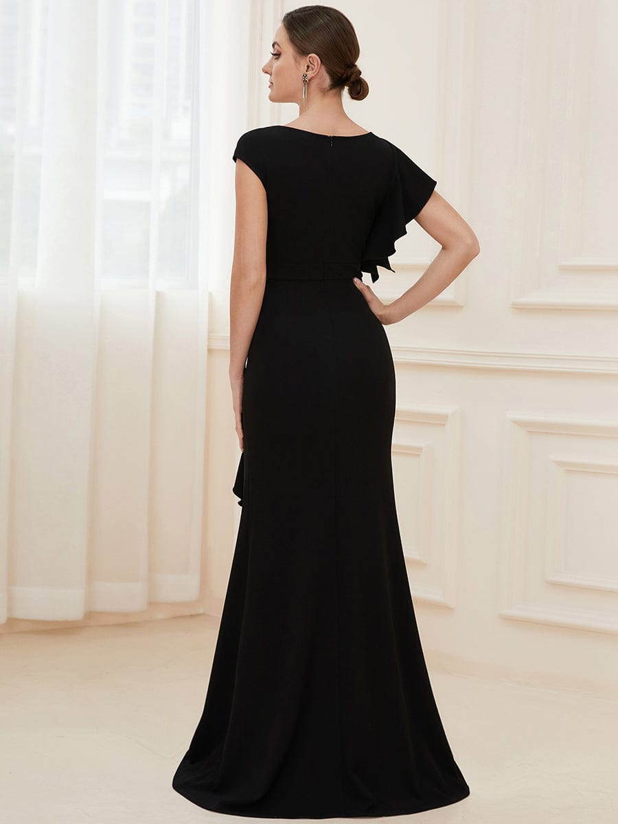 Elegant Split Evening Dress with U Neck and Cover Sleeves