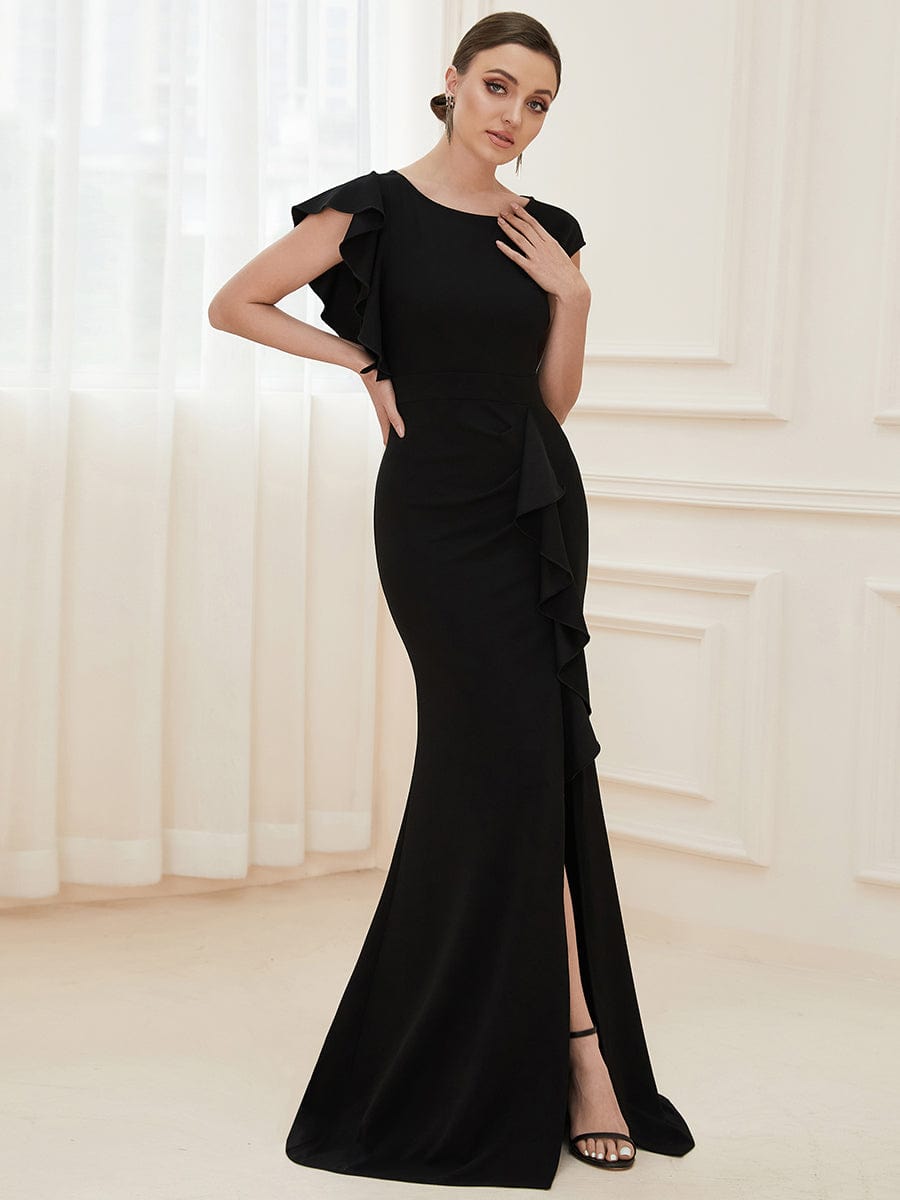 Elegant Split Evening Dress with U Neck and Cover Sleeves