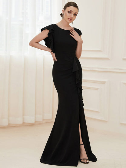 Elegant Split Evening Dress with U Neck and Cover Sleeves