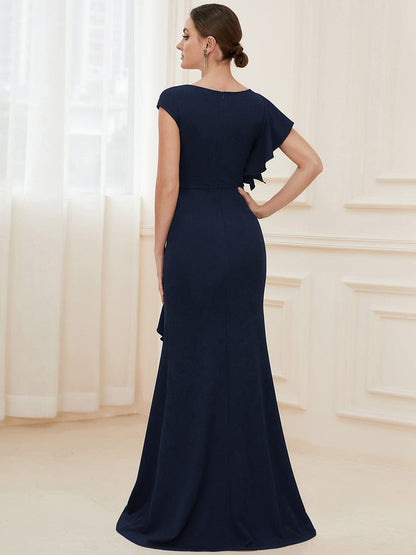 Elegant Split Evening Dress with U Neck and Cover Sleeves