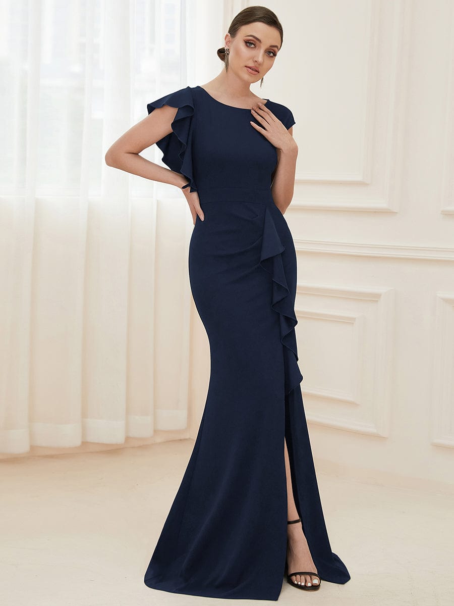 Elegant Split Evening Dress with U Neck and Cover Sleeves