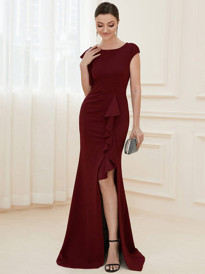 Elegant Split Evening Dress with U Neck and Cover Sleeves