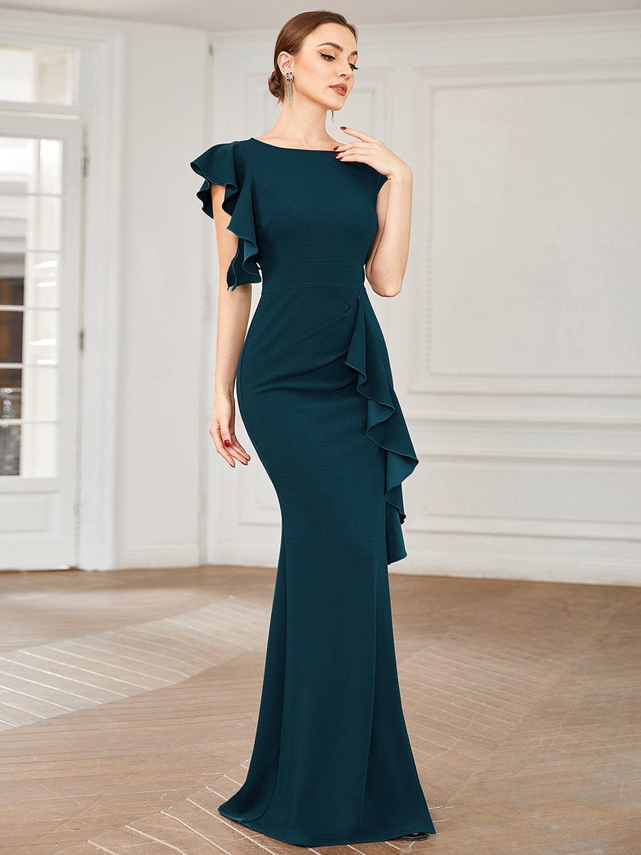 Elegant Split Evening Dress with U Neck and Cover Sleeves