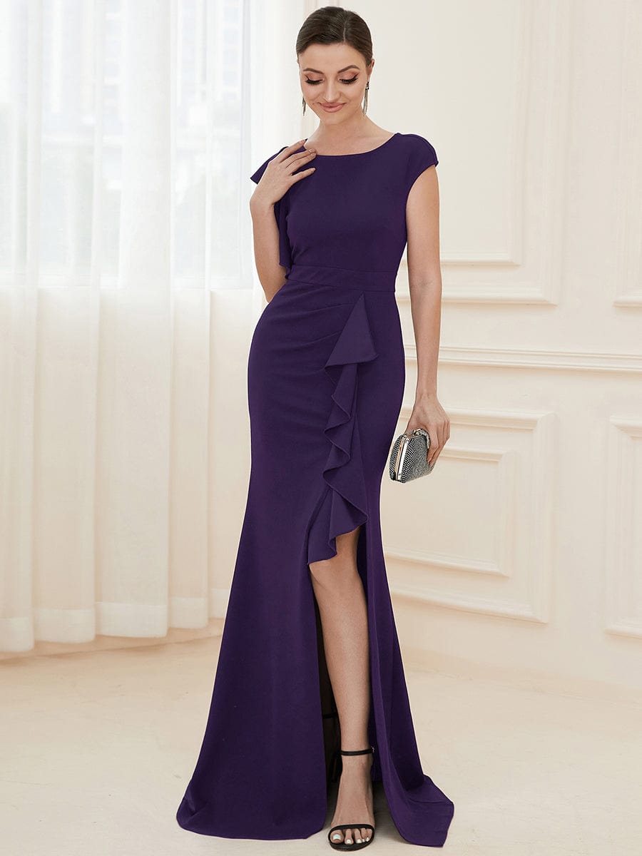 Elegant Split Evening Dress with U Neck and Cover Sleeves