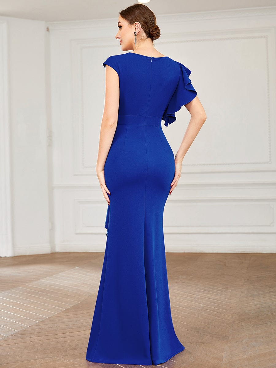 Elegant Split Evening Dress with U Neck and Cover Sleeves