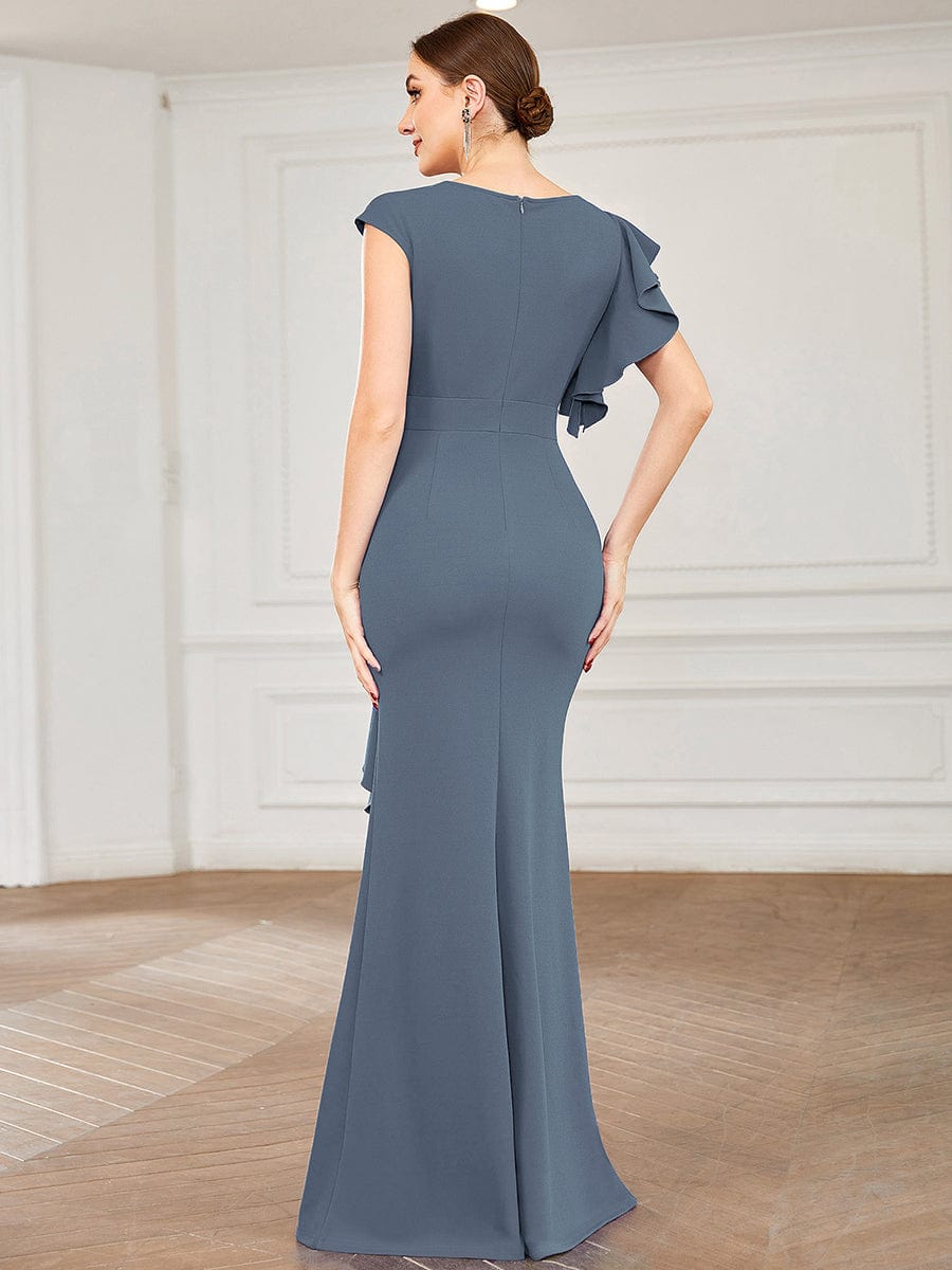 Elegant Split Evening Dress with U Neck and Cover Sleeves