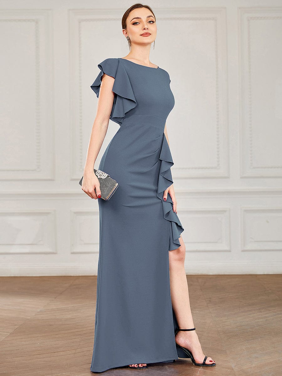 Elegant Split Evening Dress with U Neck and Cover Sleeves