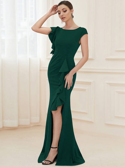 Elegant Split Evening Dress with U Neck and Cover Sleeves