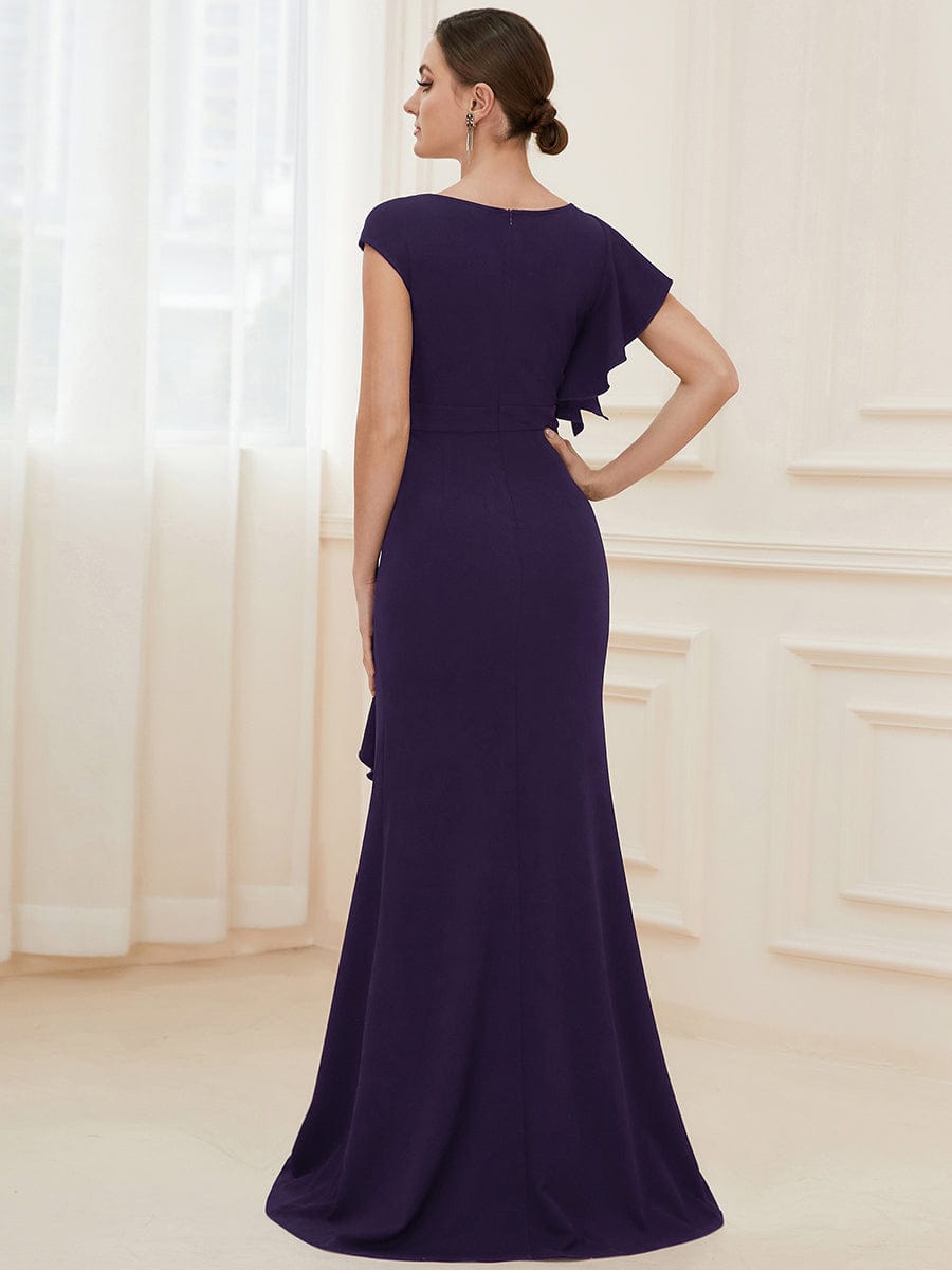 Elegant Split Evening Dress with U Neck and Cover Sleeves