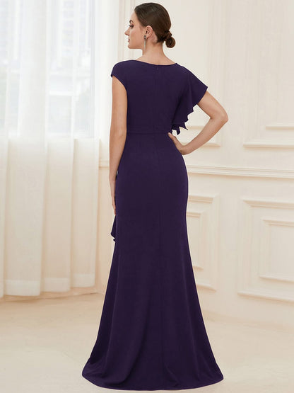 Elegant Split Evening Dress with U Neck and Cover Sleeves