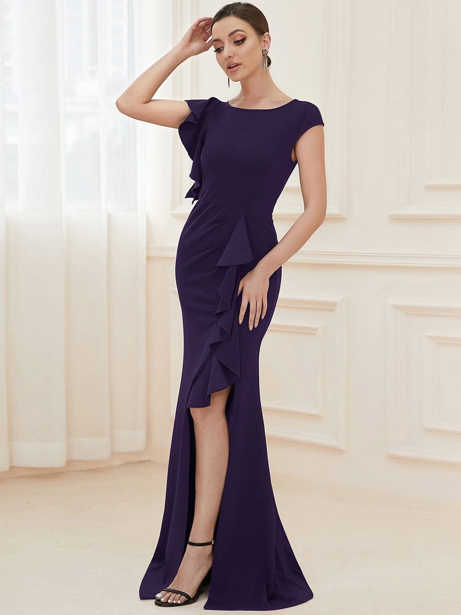 Elegant Split Evening Dress with U Neck and Cover Sleeves