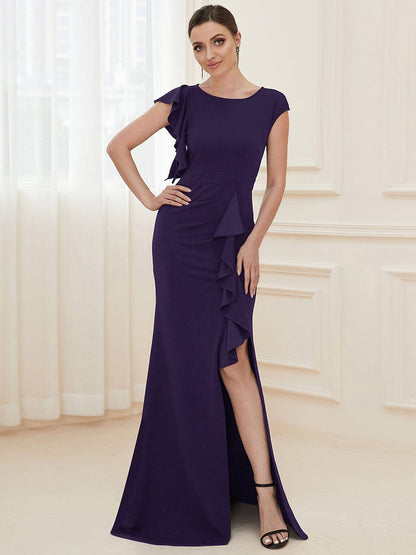 Elegant Split Evening Dress with U Neck and Cover Sleeves