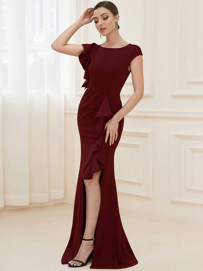 Elegant Split Evening Dress with U Neck and Cover Sleeves