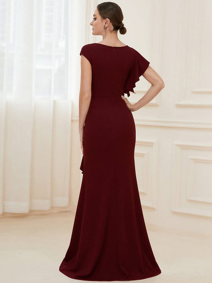 Elegant Split Evening Dress with U Neck and Cover Sleeves