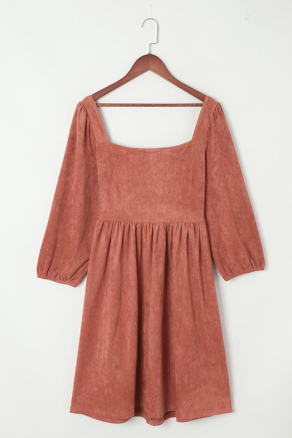 Elegant Square Neck Suede Dress with Puff Sleeves and High Waist