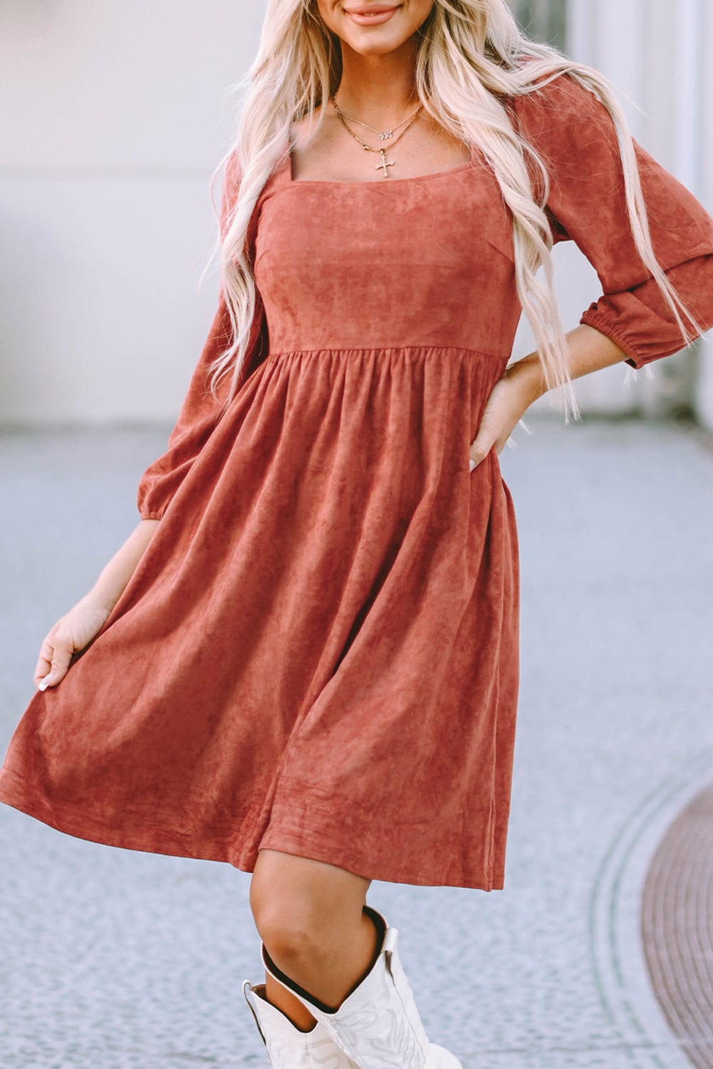 Elegant Square Neck Suede Dress with Puff Sleeves and High Waist