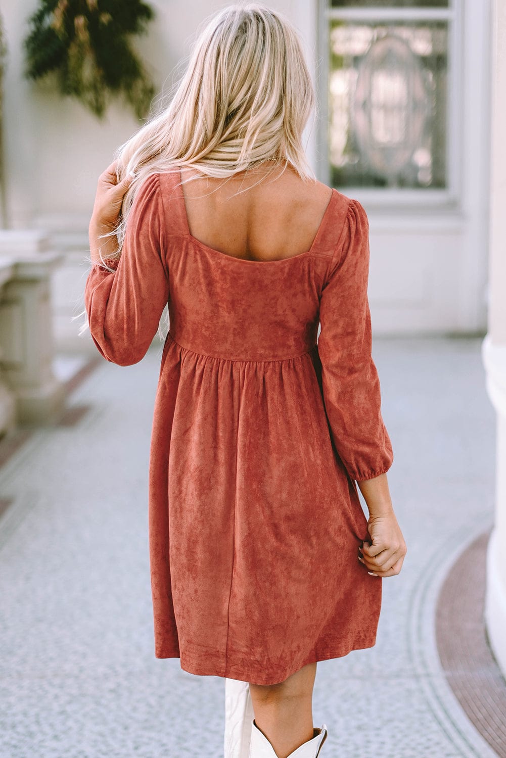 Elegant Square Neck Suede Dress with Puff Sleeves and High Waist