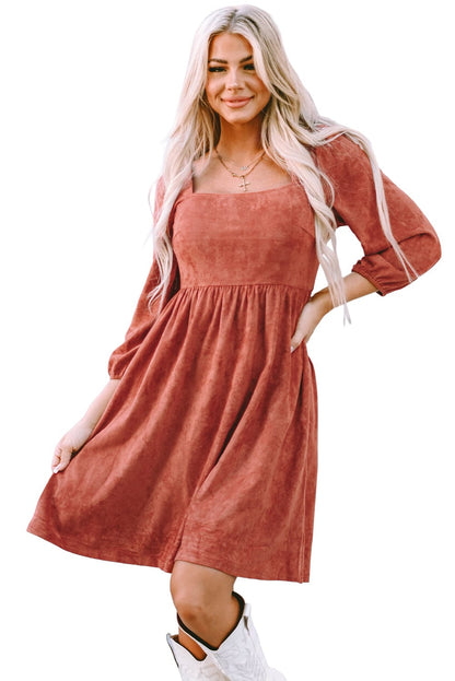 Elegant Square Neck Suede Dress with Puff Sleeves and High Waist