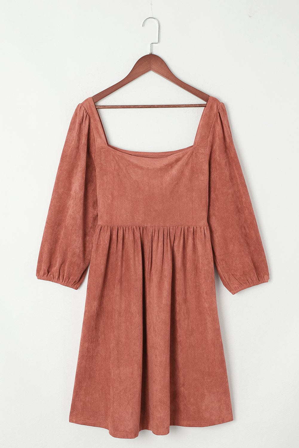 Elegant Square Neck Suede Dress with Puff Sleeves and High Waist