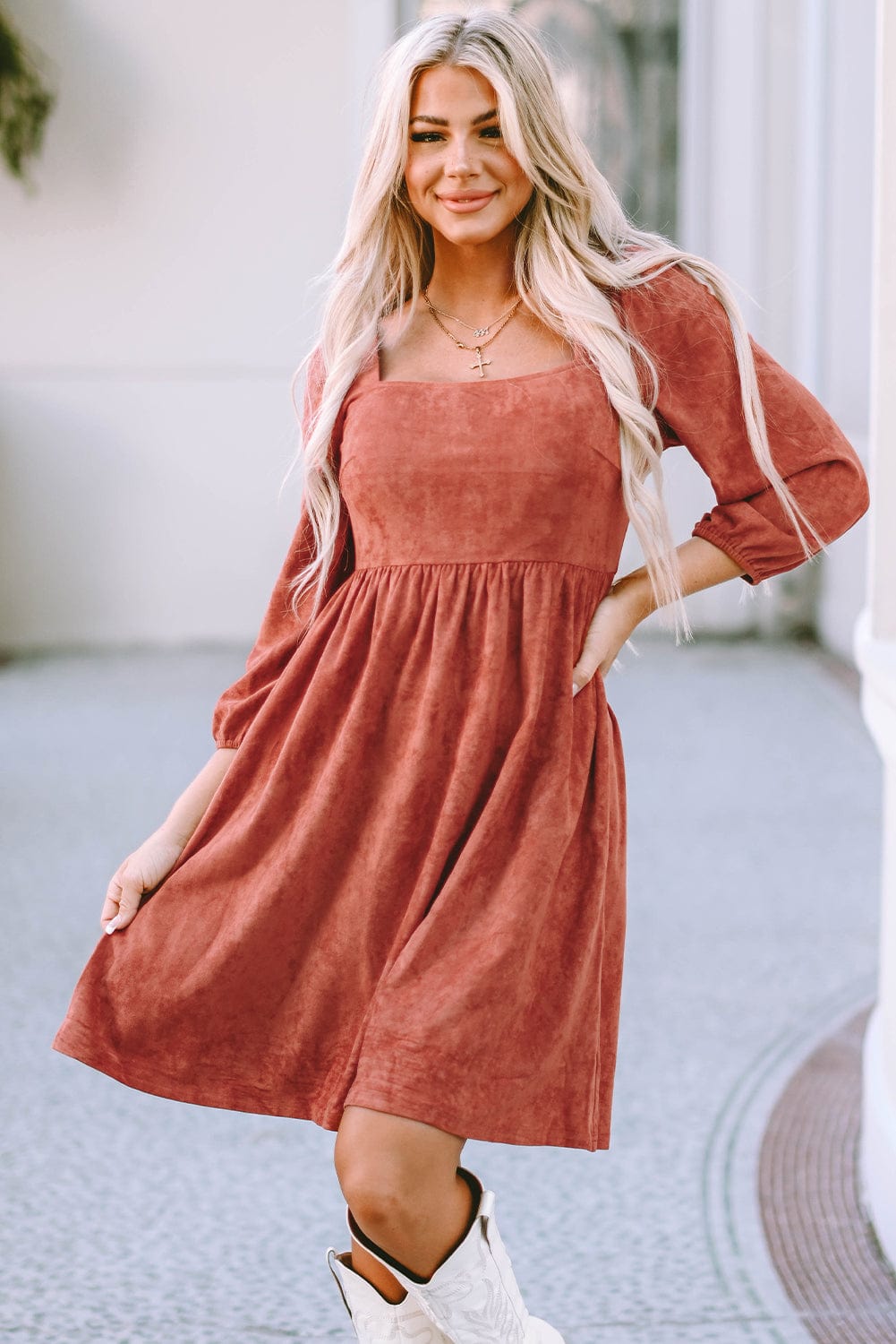 Elegant Square Neck Suede Dress with Puff Sleeves and High Waist