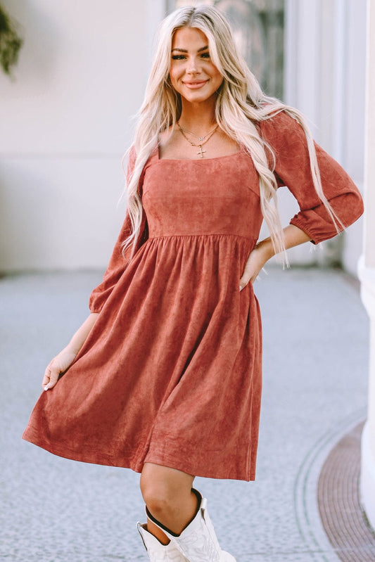 Elegant Square Neck Suede Dress with Puff Sleeves and High Waist
