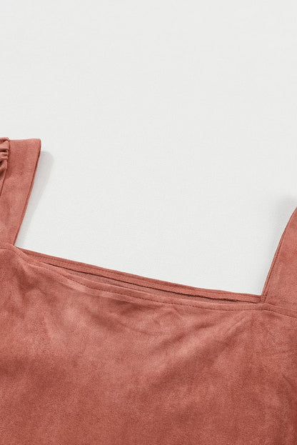 Elegant Square Neck Suede Dress with Puff Sleeves and High Waist