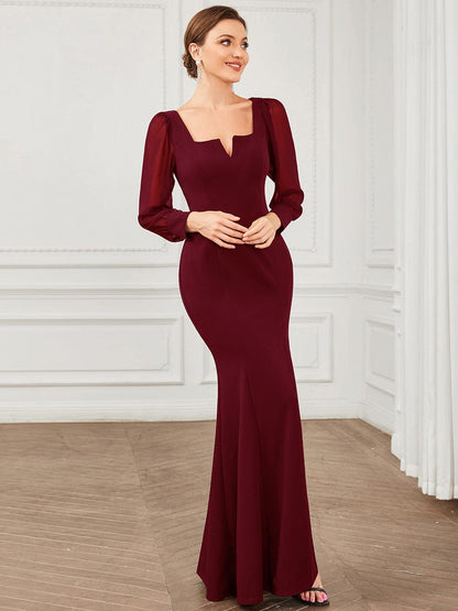 Elegant Square Neckline Long Sleeves A Line Evening Gown