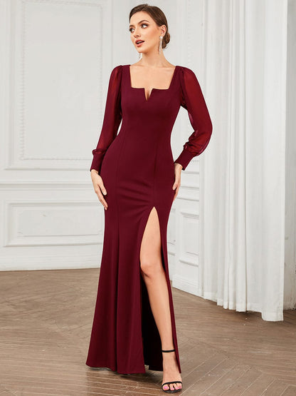 Elegant Square Neckline Long Sleeves A Line Evening Gown