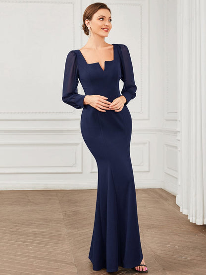 Elegant Square Neckline Long Sleeves A Line Evening Gown