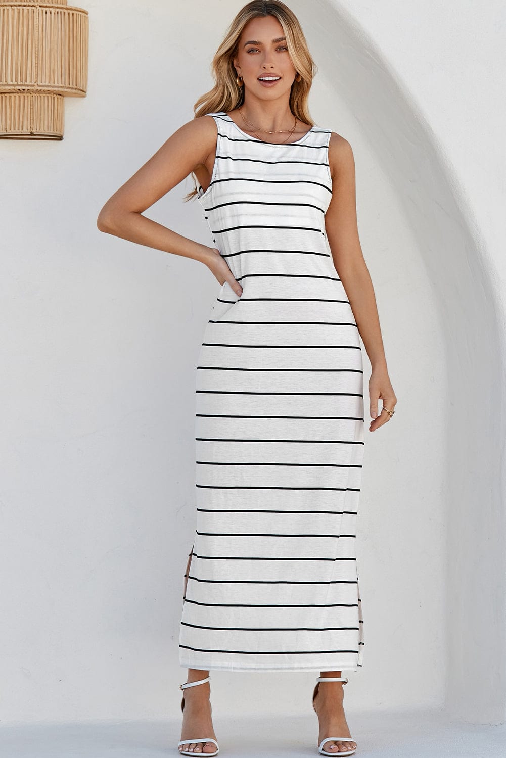 Elegant Striped Sleeveless Maxi Dress with Open Back and Side Slits