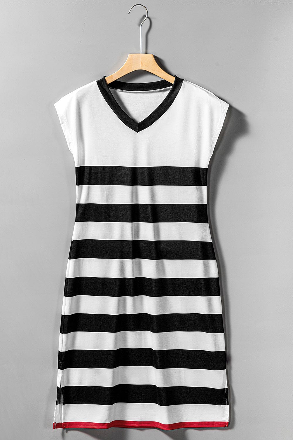 Elegant Striped V Neck Cap Sleeve Midi Dress
