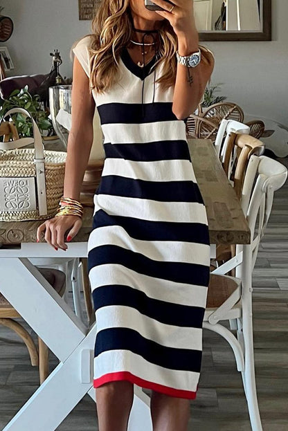Elegant Striped V Neck Cap Sleeve Midi Dress