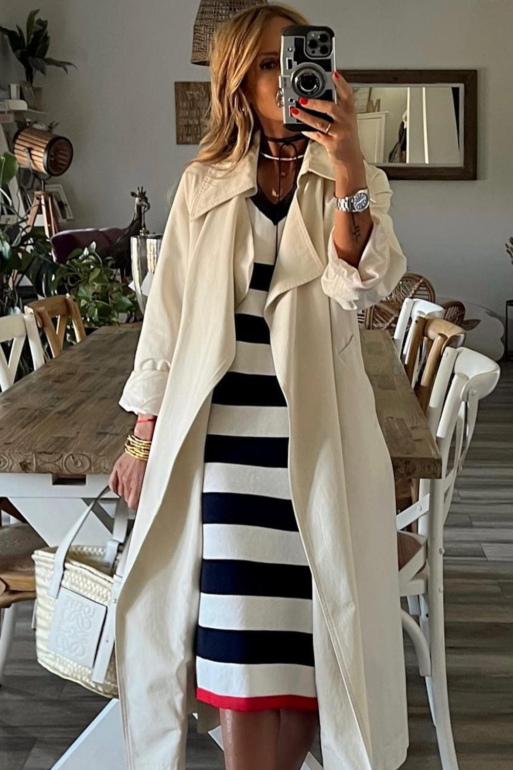 Elegant Striped V Neck Cap Sleeve Midi Dress